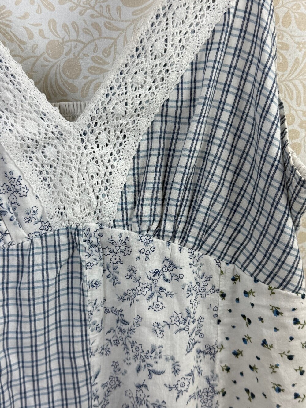 American Eagle Patchwork Blue Cotton Lace Inset Mini Dress - Size - Large - Picture 7 of 8